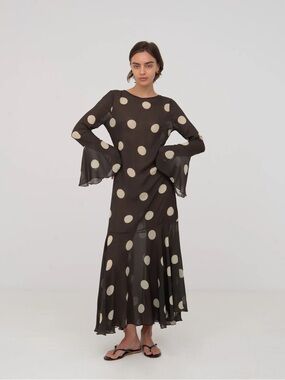 NWT Polka Dot Bell-Sleeve Maxi Dress in Black and Cream
